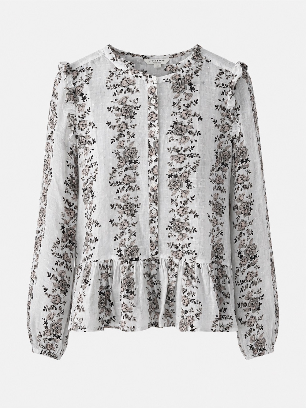 Lucky Brand White Floral Button-Front Blouse with Taupe Accents